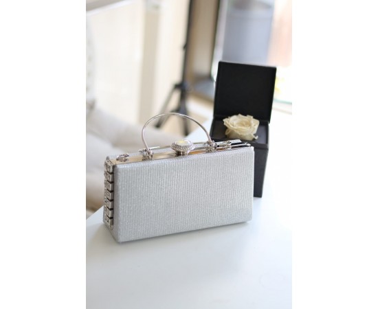 Silver Simli Özel Kristal Detay Metal Saplı Abiye Çanta 