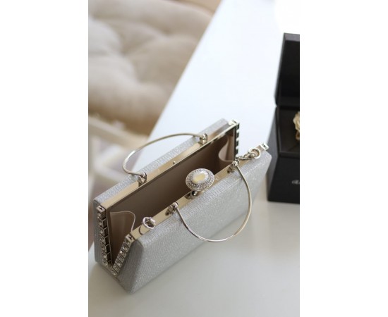 Silver Simli Özel Kristal Detay Metal Saplı Abiye Çanta 