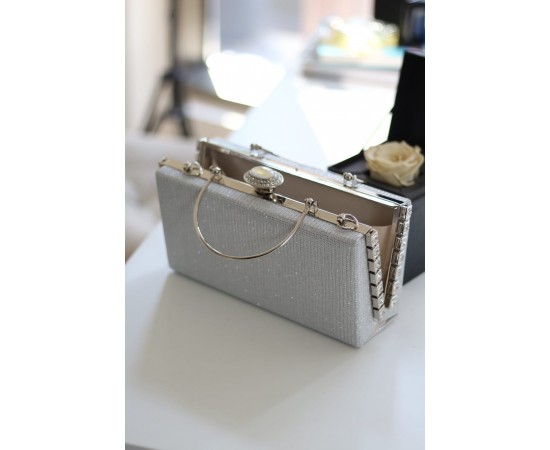 Silver Simli Özel Kristal Detay Metal Saplı Abiye Çanta 