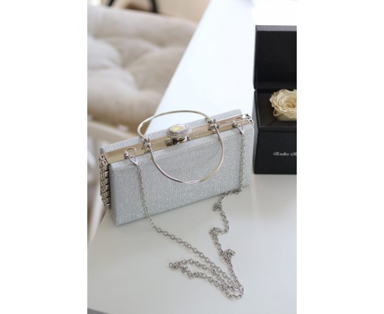 Silver Simli Özel Kristal Detay Metal Saplı Abiye Çanta 