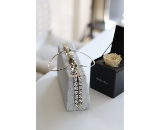 Silver Simli Özel Kristal Detay Metal Saplı Abiye Çanta 