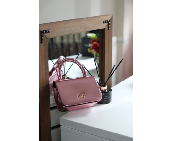 Kadın Pudra Parlak Renkli Zincir Detaylı El Çantası 