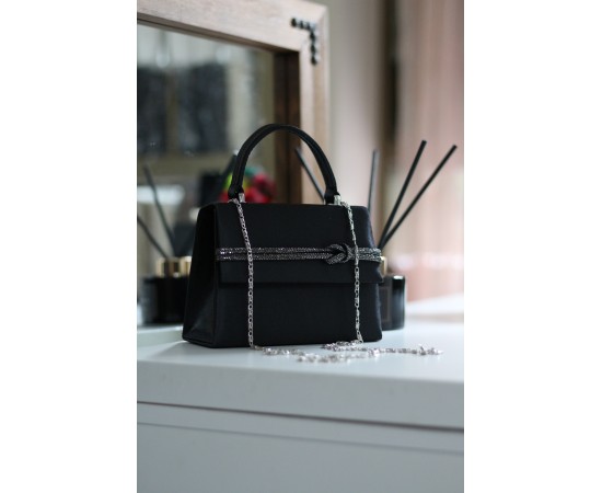 Kadın Siyah Saten Taş Detaylı Abiye Omuz Çantası