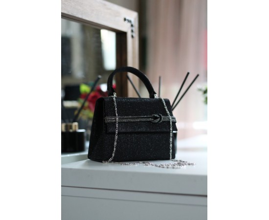 Kadın Siyah Simli  Taş Detaylı Abiye Omuz Çantası