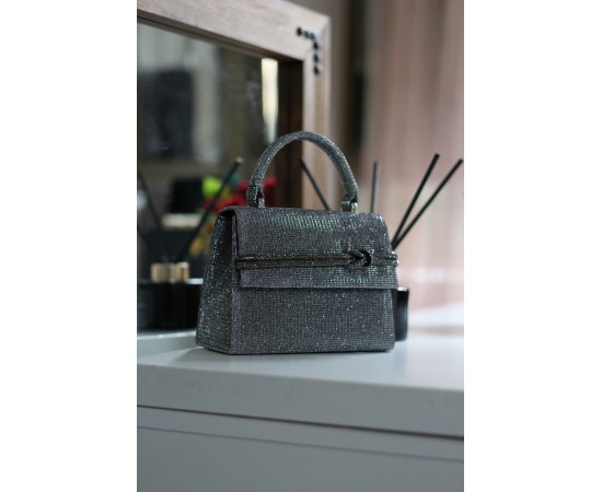 Kadın Platin Simli Taş Detaylı Abiye Omuz Çantası