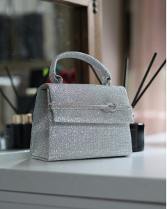  Kadın Simli Silver Taş Detaylı Abiye Omuz Çantası