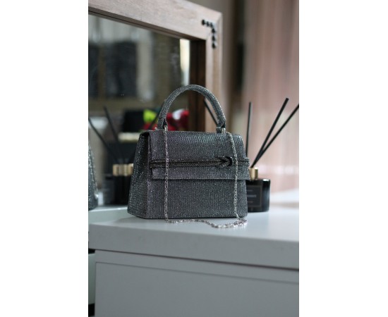 Kadın Platin Simli Taş Detaylı Abiye Omuz Çantası