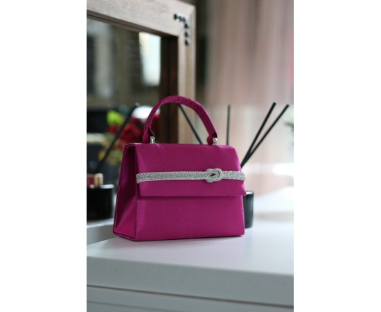 Kadın Fuşya Saten  Taş  Detaylı Abiye Omuz Çantası