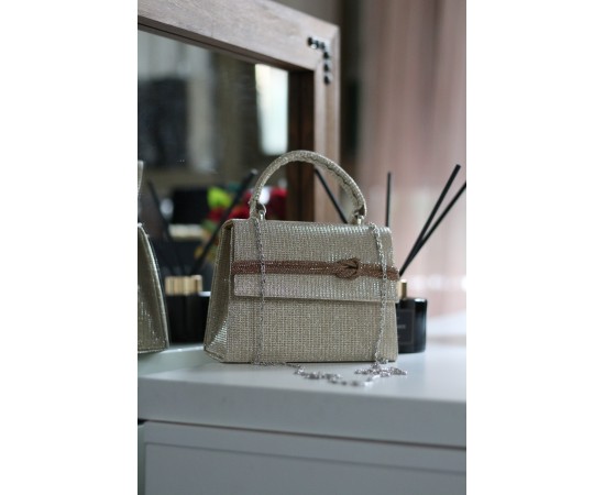 Kadın Gold Simli Taş  Detaylı Abiye Omuz Çantası