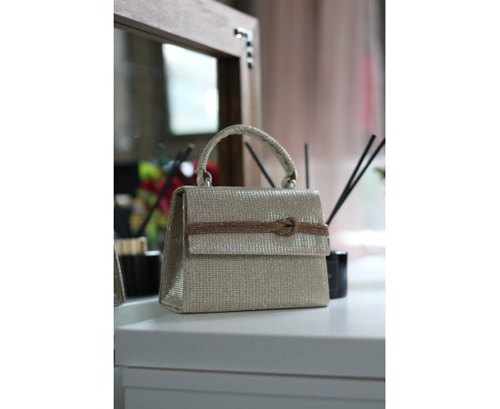 Kadın Gold Simli Taş  Detaylı Abiye Omuz Çantası