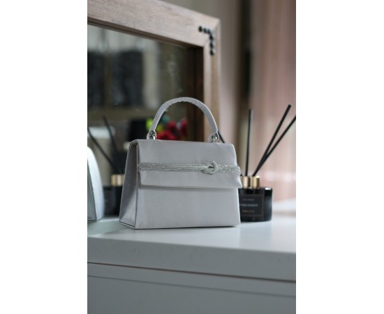Kadın Gri Saten Taş  Detaylı Abiye Omuz Çantası