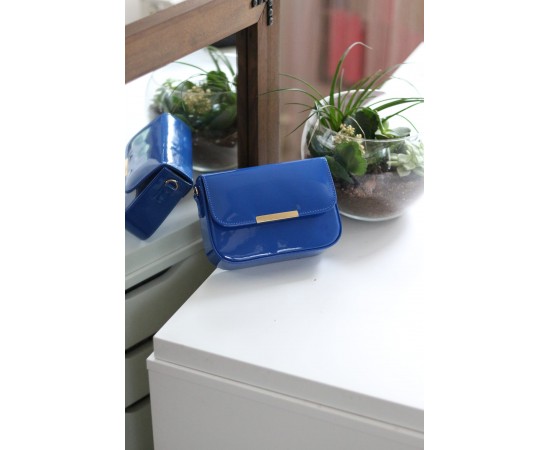 Kadın Lacivert Rugan Toka Detaylı Kumaş Askılı Omuz Çantası