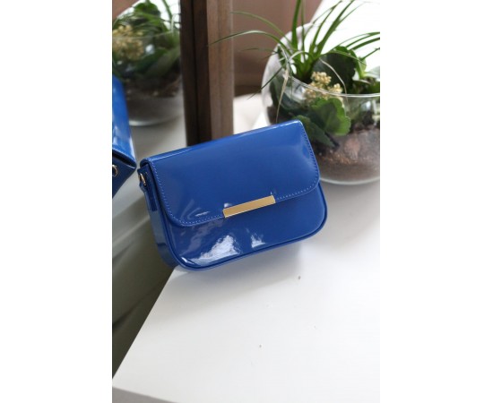 Kadın Lacivert Rugan Toka Detaylı Kumaş Askılı Omuz Çantası