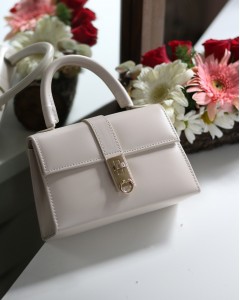 Kadın Krem Gold Kare Kilit Detaylı Mini El & Omuz Çantası