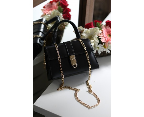 Kadın Siyah Gold Kare Kilit Detaylı Mİini El & Omuz Çantası
