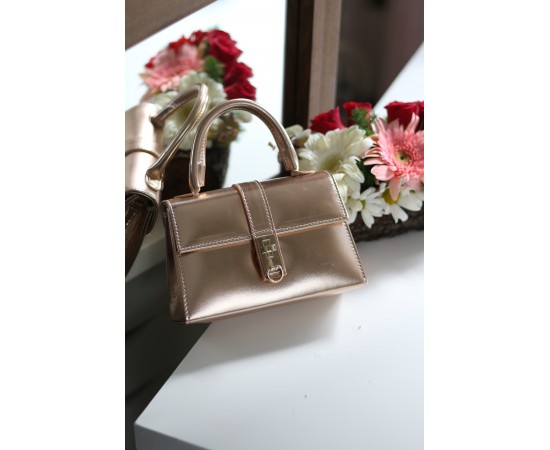 Kadın Rose Gold Kare Kilit Detaylı Mini El & Omuz Çantası