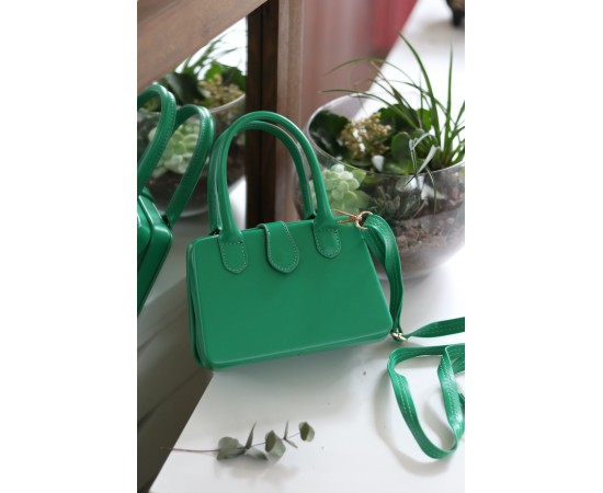 Kadın Yeşil Çift Kulp Detaylı Mini Kalıp Omuz Çantası