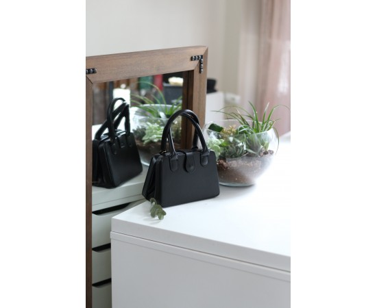 Kadın Siyah Çift Kulp Detaylı Mini Kalıp Omuz Çantası