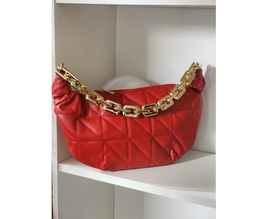 Kadın Kırmızı Baklava Desenli Zincirli El Çantası