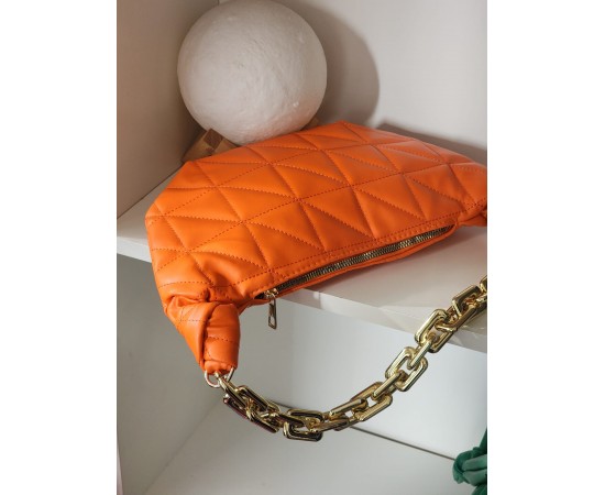 Kadın Turuncu Baklava Desenli Zincirli El Çantası