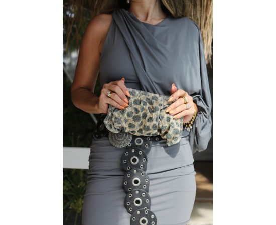 Kadın Leopar Kristal Taş Özel Burslu Abiye Çanta