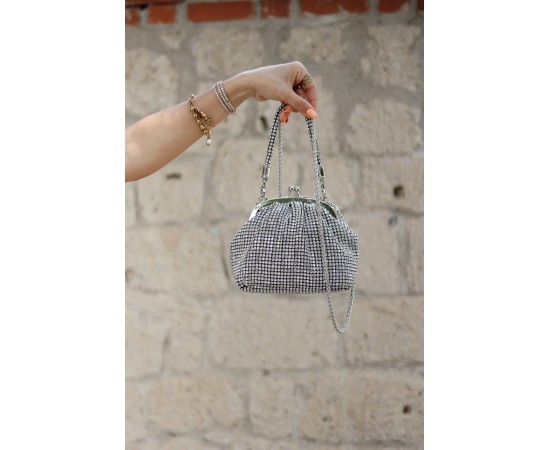 Kadın Silver Kristal Bohça Tutma Saplı Abiye Çanta
