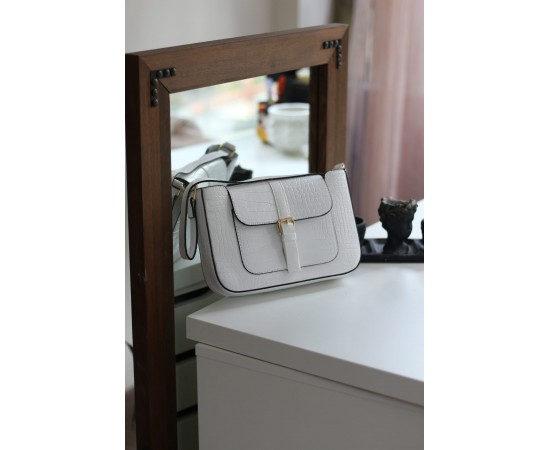 Kadın Beyaz Kroko Desenli Baget Omuz Çantası