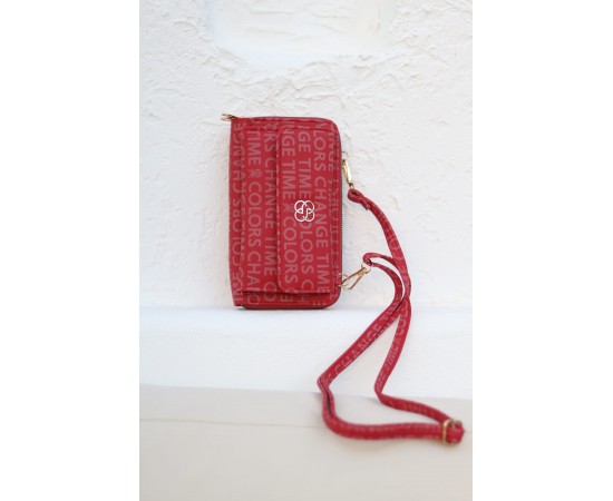 Kadın Kırmızı Telefon Bölmeli Yatay Çapraz Askılı Cüzdan Çanta