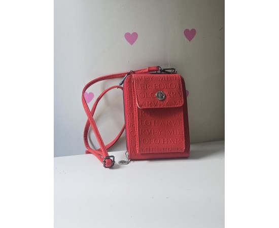 Kırmızı Kabartma Desenli 2 Gözlü Telefon Çantası