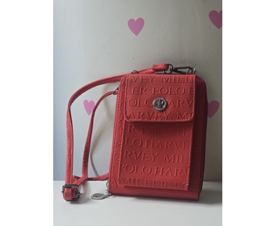 Kırmızı Kabartma Desenli 2 Gözlü Telefon Çantası