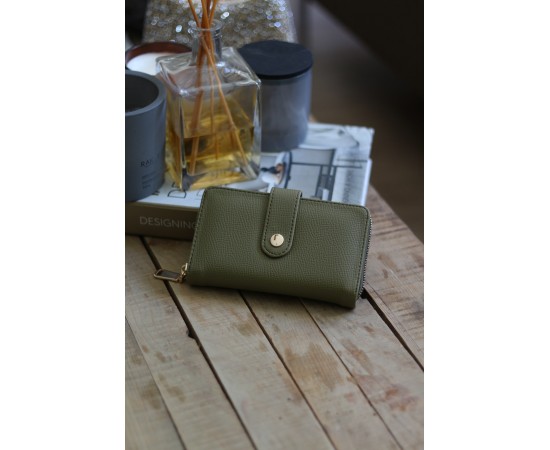 Kadın Haki Yeşil Kartlık Detaylı Orta Boy Cüzdan