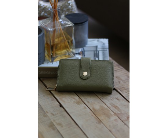 Kadın Haki Yeşil Kartlık Detaylı Orta Boy Cüzdan