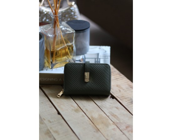 Kadın Haki Yeşil Dokulu Kartlık Detaylı Küçük Boy Cüzdan