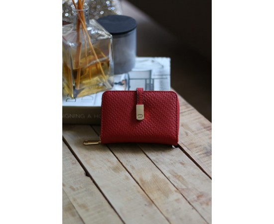 Kadın Kırmızı Dokulu Kartlık Detaylı Küçük Boy Cüzdan