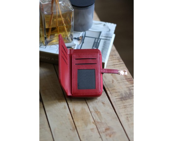 Kadın Kırmızı Dokulu Kartlık Detaylı Küçük Boy Cüzdan