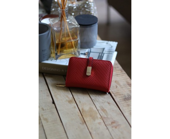 Kadın Kırmızı Dokulu Kartlık Detaylı Küçük Boy Cüzdan