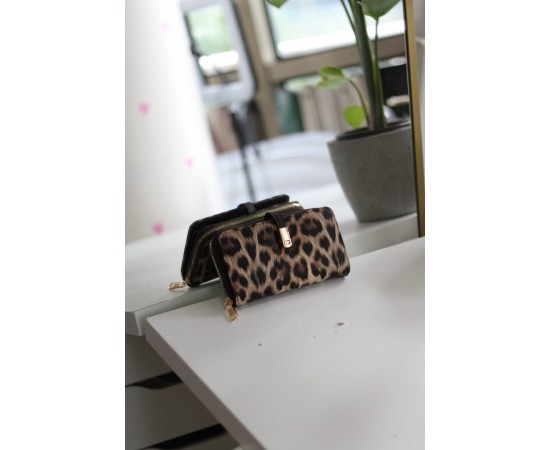 Kadın Leopar Doku Gold Aksesuar Detaylı Cüzdan