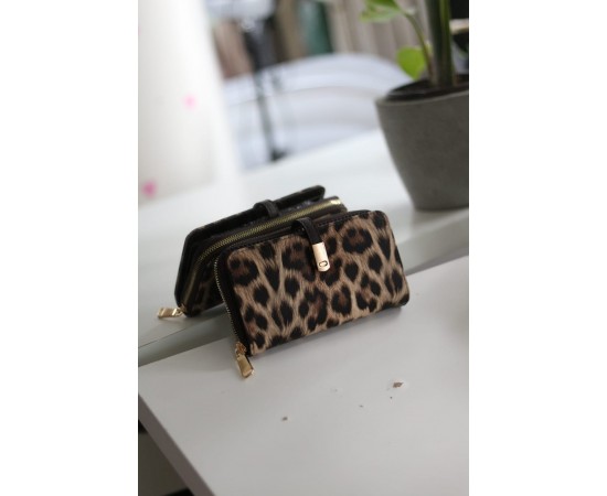 Kadın Leopar Doku Gold Aksesuar Detaylı Cüzdan