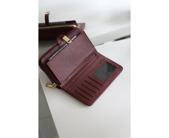 Kadın Bordo Eskitme Doku Gold Aksesuar Detaylı Cüzdan