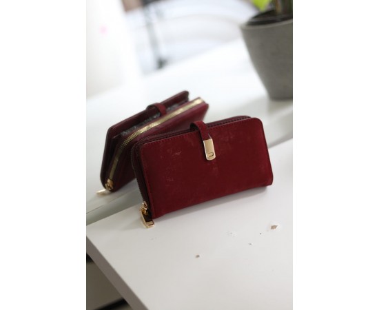 Kadın Bordo Eskitme Doku Gold Aksesuar Detaylı Cüzdan