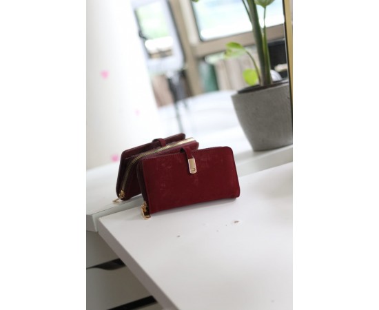 Kadın Bordo Eskitme Doku Gold Aksesuar Detaylı Cüzdan