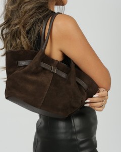 Kadın Acı Kahve Süet Gold Toka Detaylı Büyük Boy Omuz Çantası