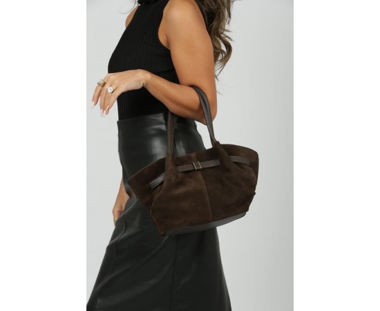 Kadın Acı Kahve Süet Gold Toka Detaylı Büyük Boy Omuz Çantası