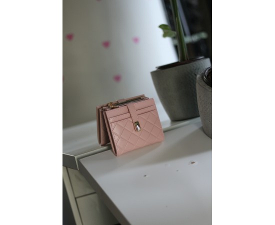 Kadın Pudra Pembe Kare Baklava Desenli Mini Kartlık Cüzdan