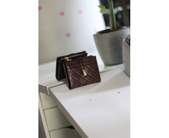 Kadın Acı Kahve Kare Baklava Desenli Mini Kartlık Cüzdan