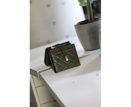 Kadın Haki Yeşil Kare Baklava Desenli Mini Kartlık Cüzdan