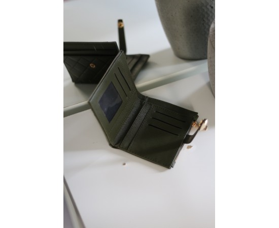 Kadın Haki Yeşil Kare Baklava Desenli Mini Kartlık Cüzdan