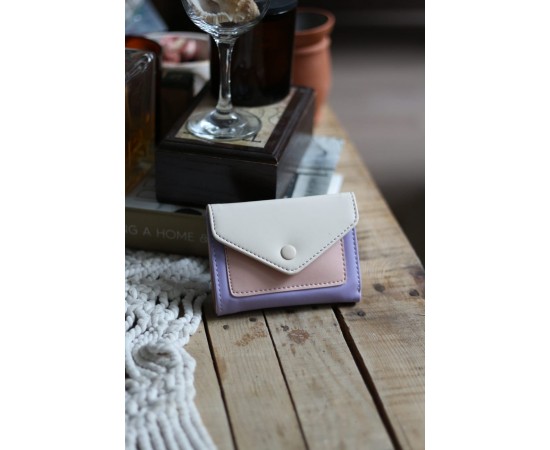 Lila Pudra Çift Renk Düğme Detaylı Mini Cüzdan