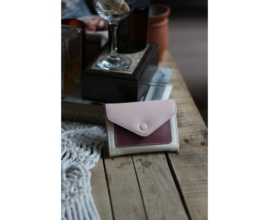 Bordo Pudra Çift Renk Düğme Detaylı Mini Cüzdan