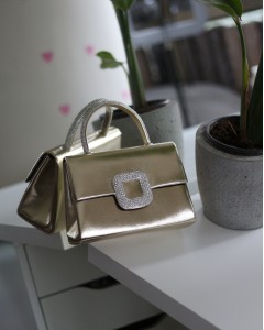 Gold Kare Taş Toka Detaylı Tutmalı Abiye El Omuz Çantası